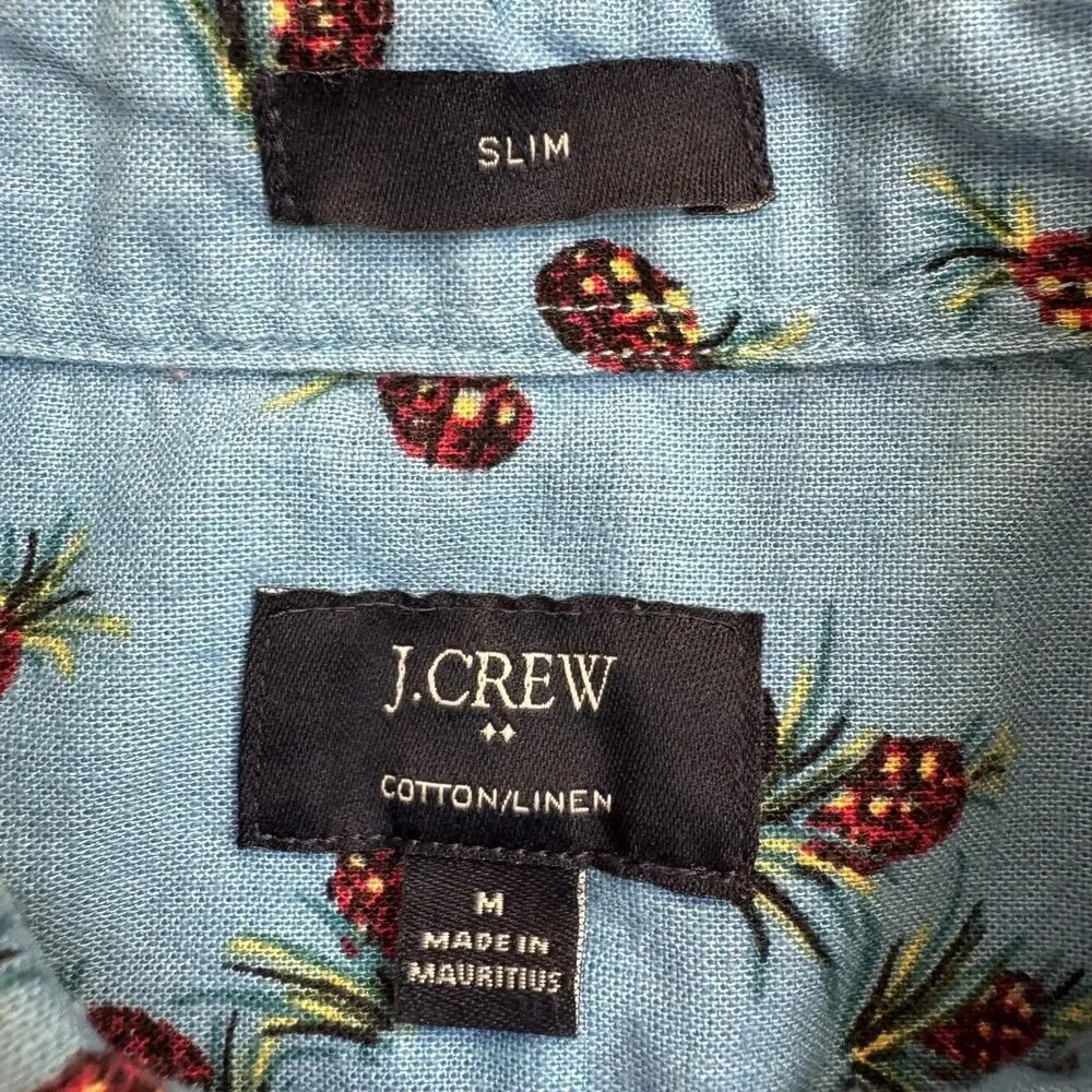 J.Crew Shirt Mens Medium Blue Pineapple Linen Cotton Slim Vacation Resort Wear